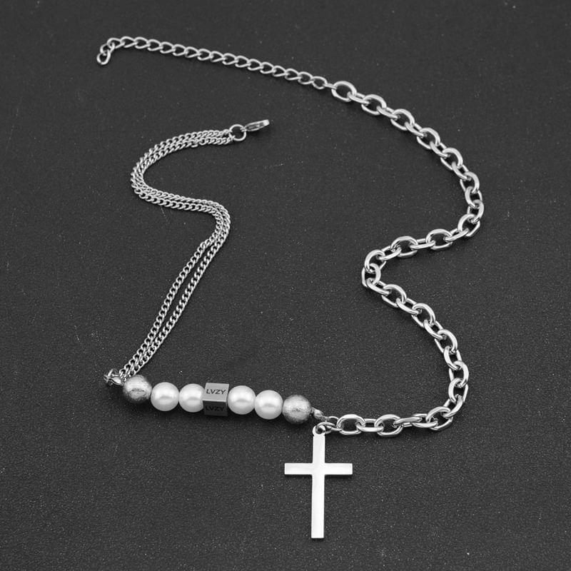 Cross Pendant Faux Pearl Chain Necklace Product Image
