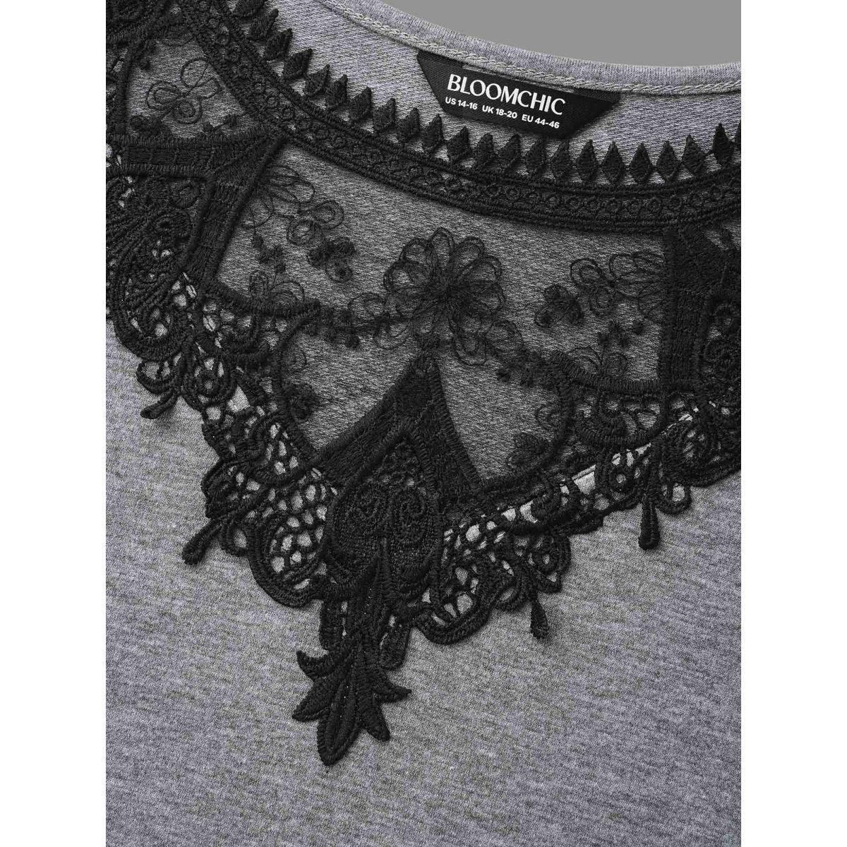 Plus Size Lace Panel Round Neck Contrast Sweatshirt Women DarkGray Elegant Woven ribbon&lace trim Round Neck Everyday Sweatshirts BloomChic 12/L Product Image