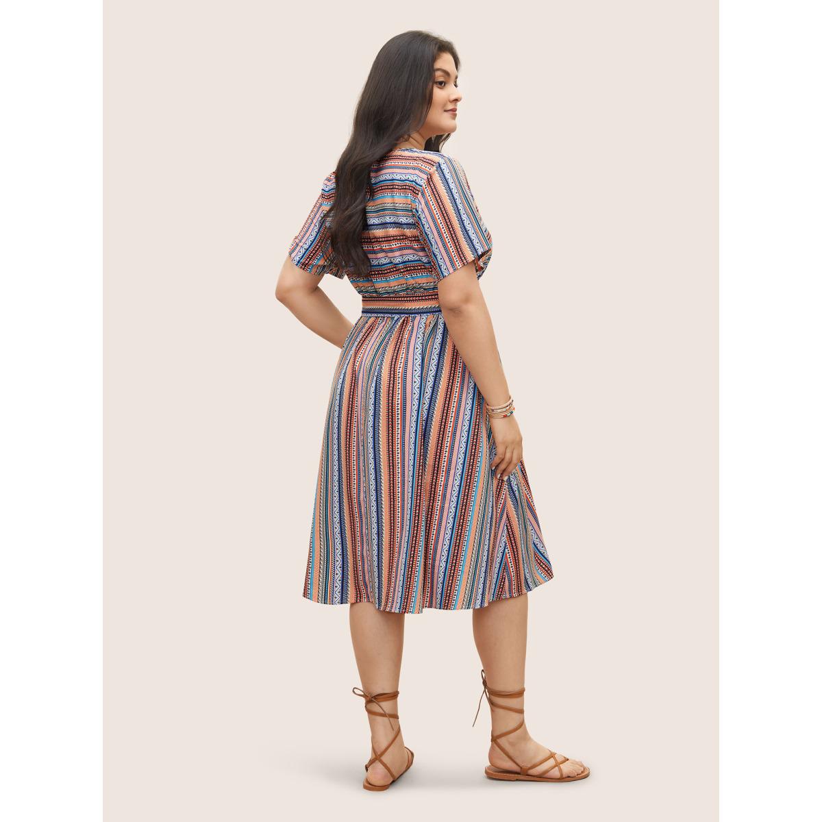 Plus Size Bandana Striped Belted Pocket Dress Orange Women Resort Non V-neck Short sleeve Curvy Midi Dress BloomChic 12/L Product Image