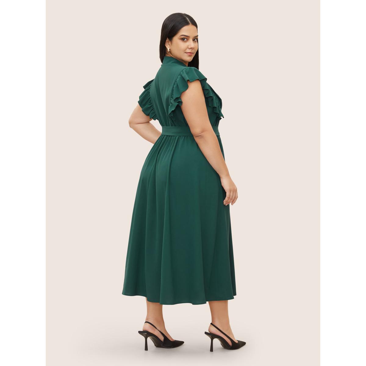 Plus Size Shirt Collar Solid Pleated Ruffle Cap Sleeve Dress DarkGreen Women At the Office Gathered Shirt collar Cap Sleeve Curvy Midi Dress BloomChic 10/M Product Image