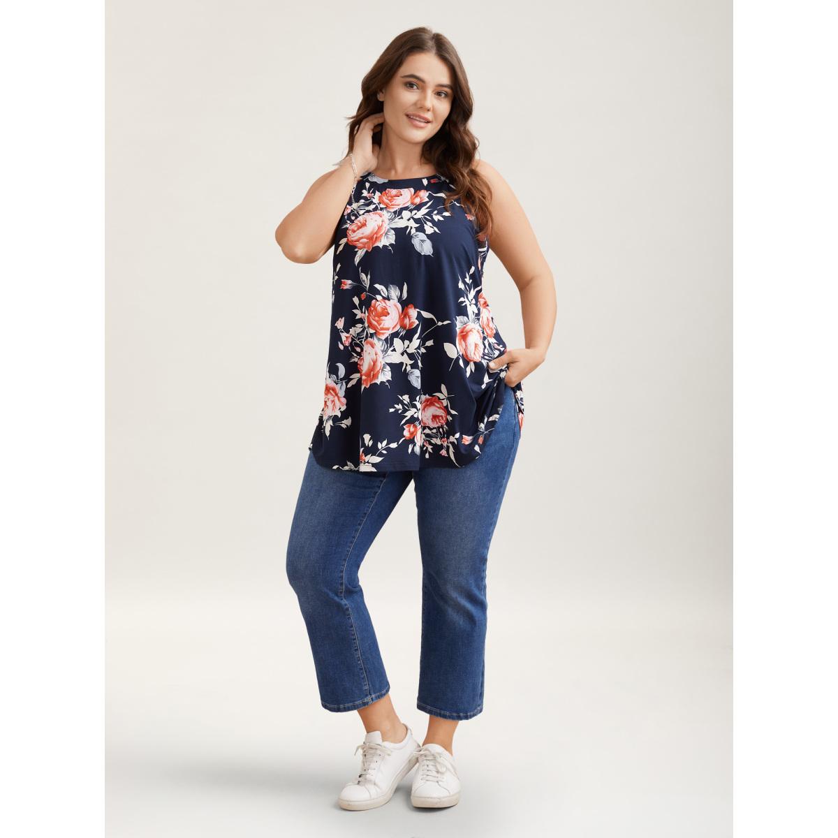 Plus Size Rosy Print Halter Neck Top Women Indigo Romantic Contrast Round Neck Elegant Tank Tops Camis BloomChic 30/6X Product Image