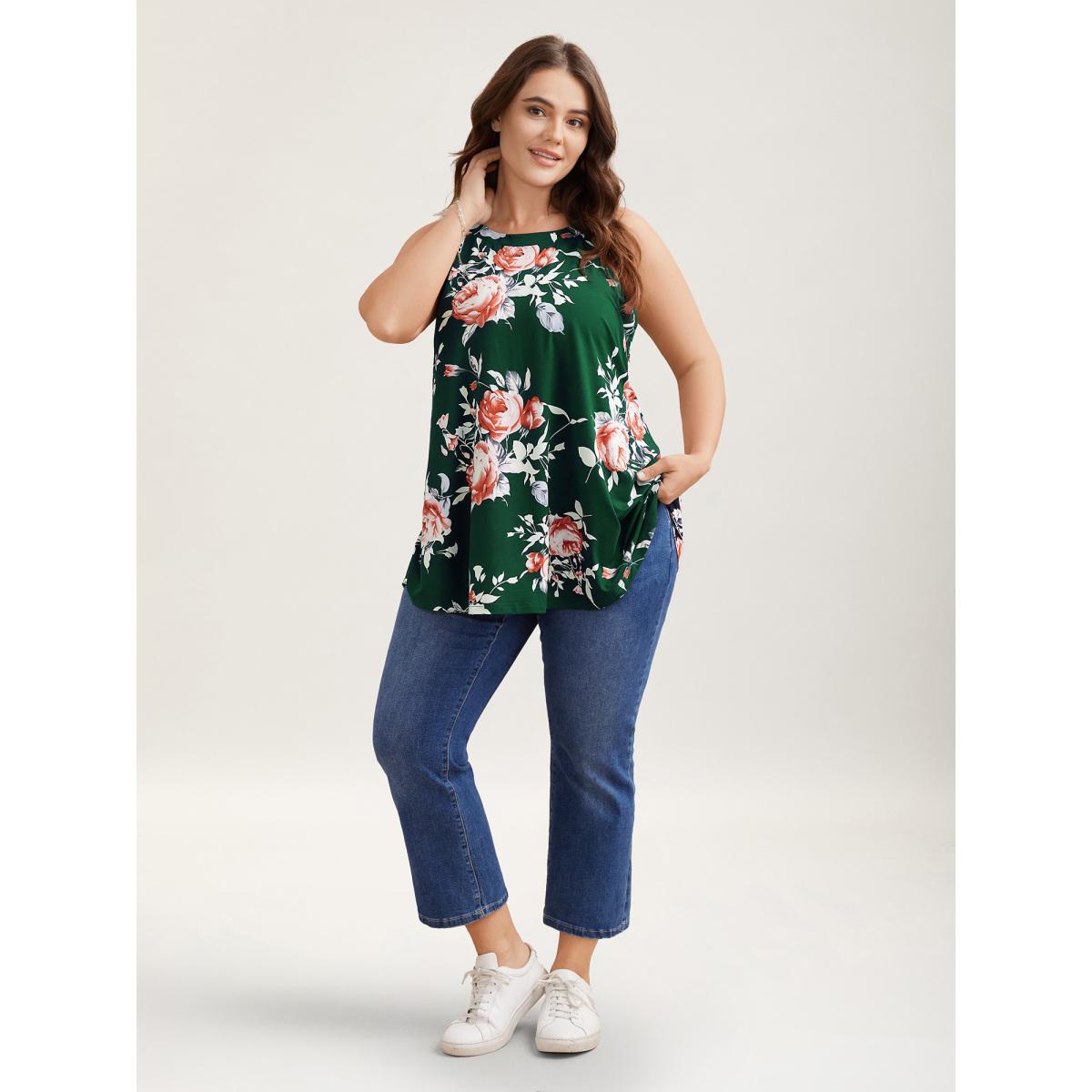 Plus Size Rosy Print Halter Neck Top Women Indigo Romantic Contrast Round Neck Elegant Tank Tops Camis BloomChic 30/6X Product Image