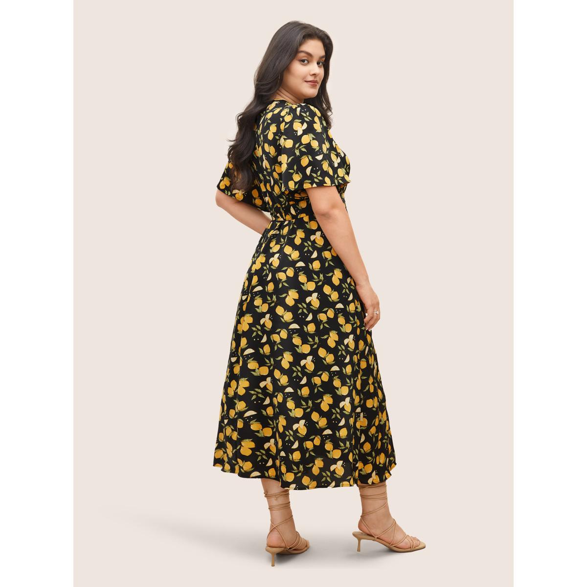 Plus Size Citrus Lemons Print Belted Surplice Neck Split Side Dress BlackFlower Women Elegant Non Overlap Collar Short sleeve Curvy Midi Dress BloomChic 14-16/1X Product Image