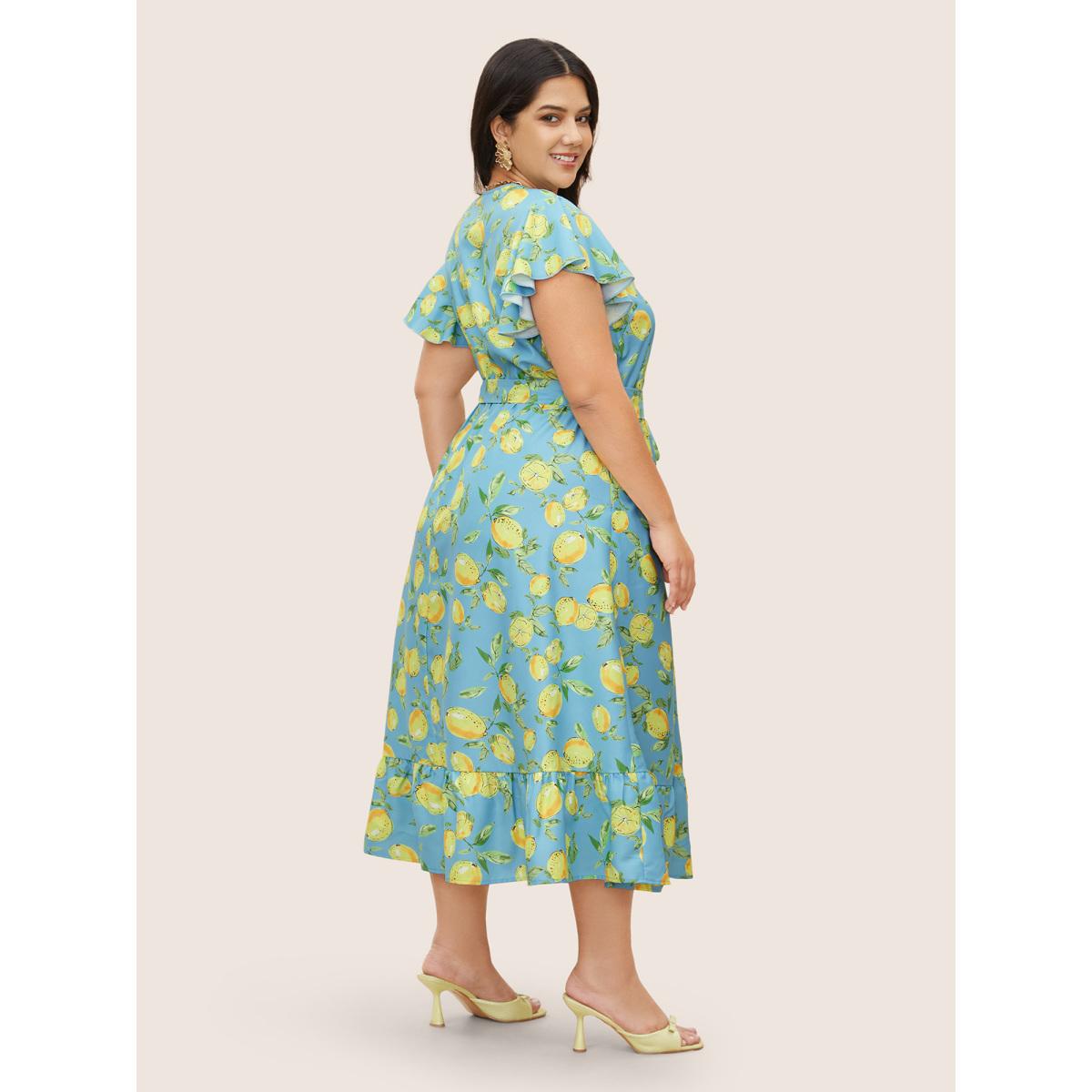 Plus Size Citrus Lemon Print Ruffle Cap Sleeve Belted Dress Blue Women Elegant Belted V-neck Cap Sleeve Curvy Midi Dress BloomChic 18-20/2X Product Image