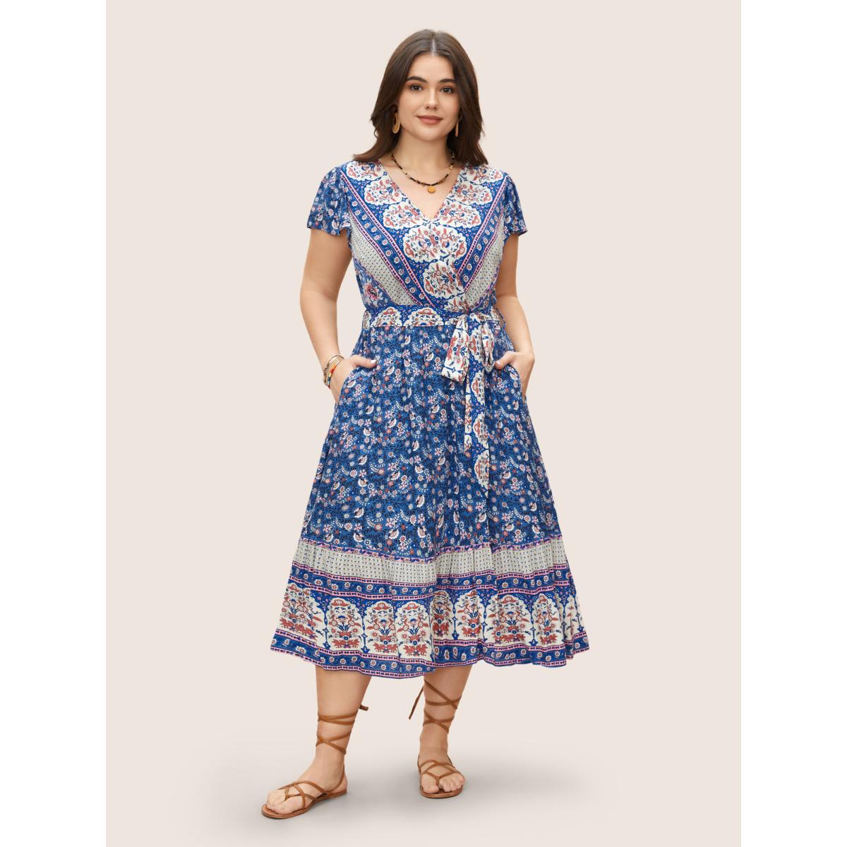 Plus Size Boho Print Surplice Neck Belted Dress Blue Women Resort Overlapping V-neck Cap Sleeve Curvy BloomChic 14-16/1X Product Image
