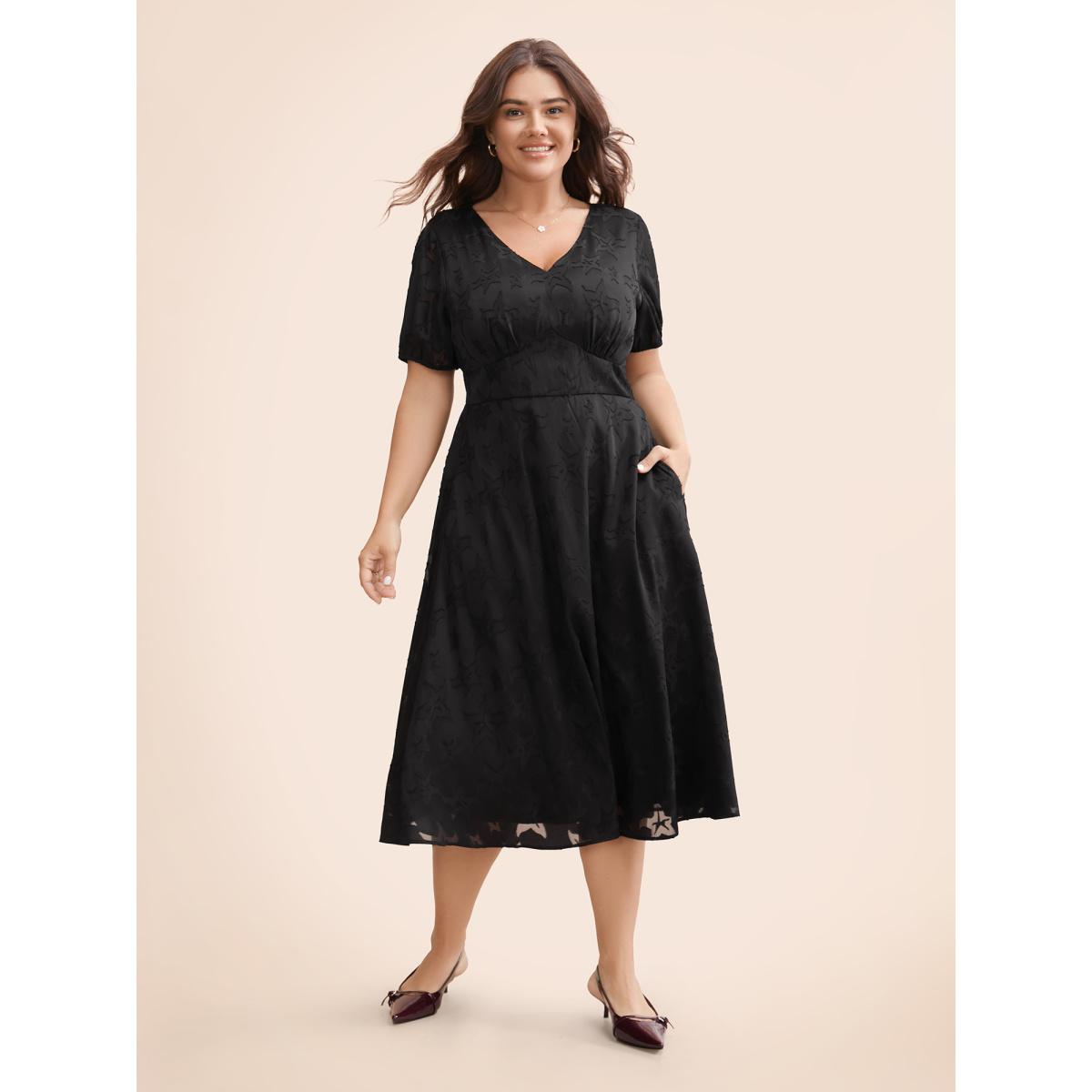 Plus Size Star Textured Lantern Sleeve Midi Dress Black Women Elegant Texture V-neck Short sleeve Curvy BloomChic 30/6X Product Image