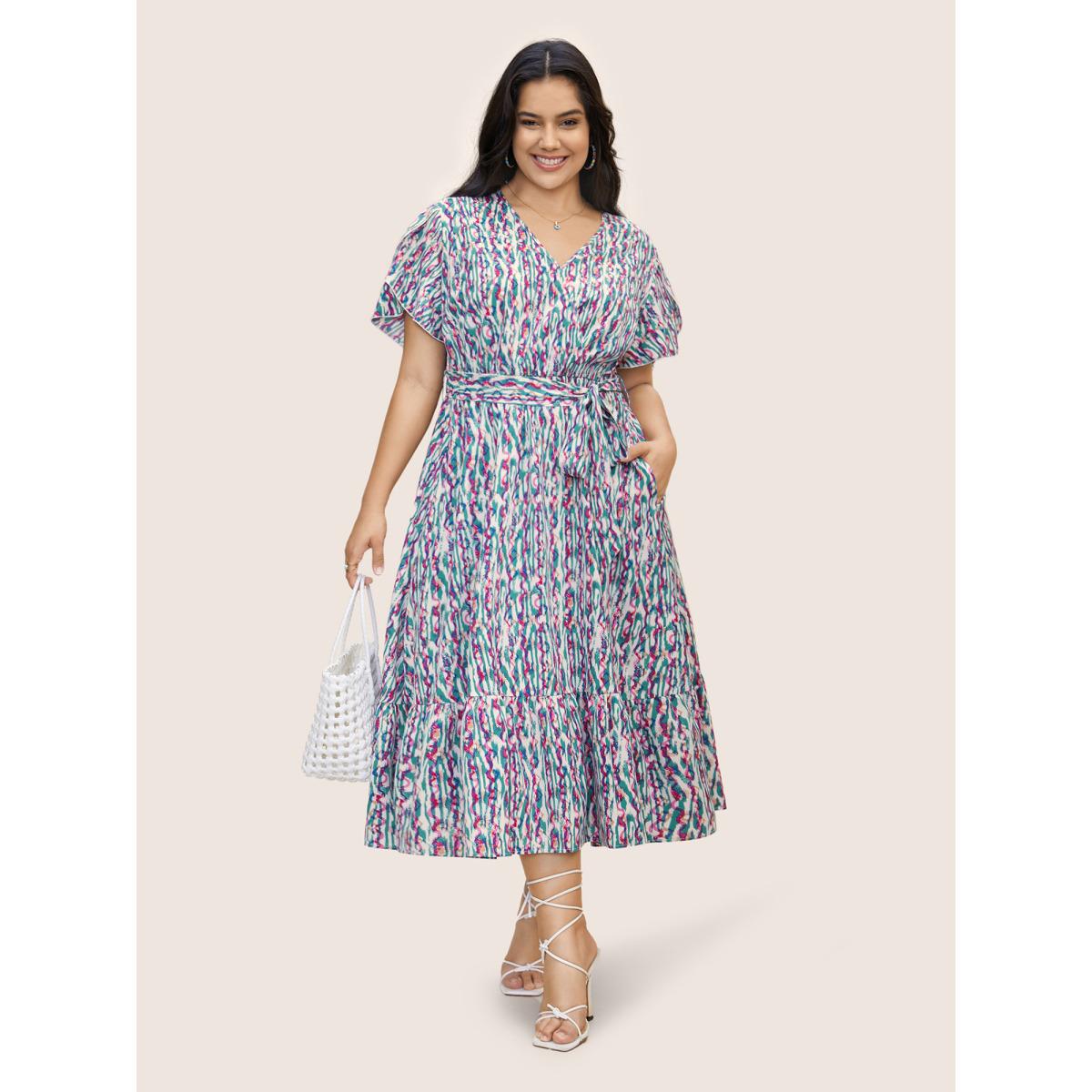 Plus Size V Neck Striped Belted Petal Sleeve Dress Turquoise Women Resort Belted V-neck Short sleeve Curvy BloomChic 12/L Product Image