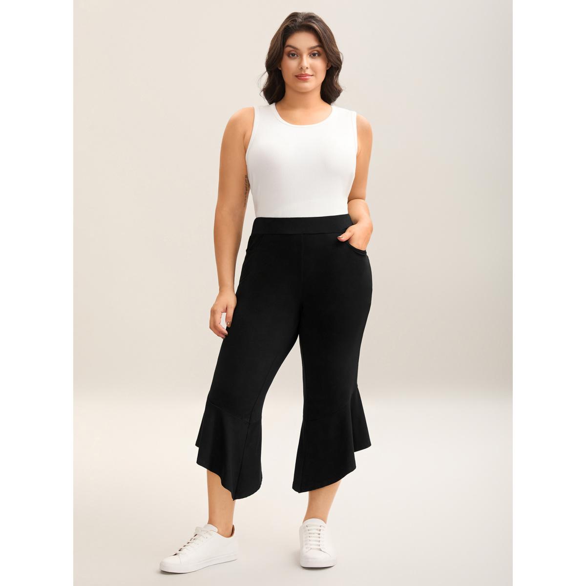 Plus Size Stretchy Ruffled Hem Cropped Pants Women Black Leisure Bodycon Mid Rise Casual Pants BloomChic 14-16/1X Product Image