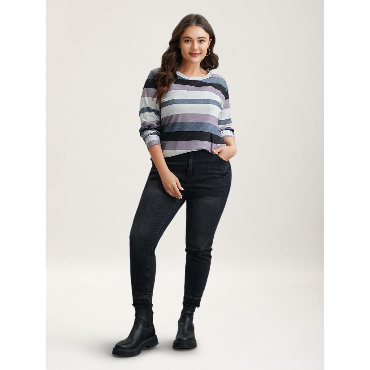 Plus Size Multi-Color Stripes Stretchy T-Shirt Multicolor Women Casual Contrast Round Neck Everyday T-shirts BloomChic 28/5X Product Image