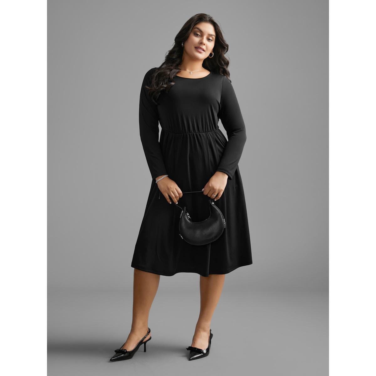 Plus Size Round Neck Elastic Waist Pleated Dress Black Women At the Office Pleated Round Neck Long Sleeve Curvy BloomChic 12/L Product Image