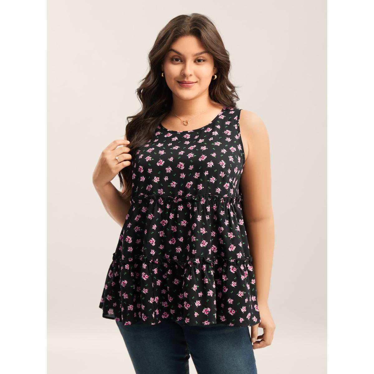 Plus Size Ditsy Floral Print Tiered Tank Top Women Black Timeless Gathered Round Neck Elegant Tank Tops Camis BloomChic 18-20/2X Product Image