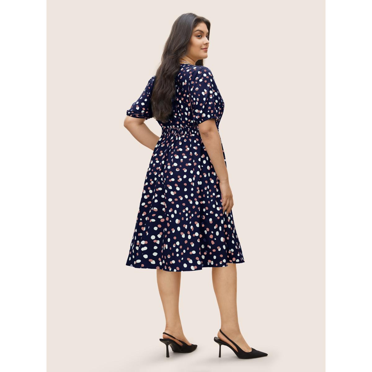 Plus Size Allover Print Pleated Lantern Sleeve Dress Indigo Women Elegant Non Round Neck Short sleeve Curvy Midi Dress BloomChic 28/5X Product Image