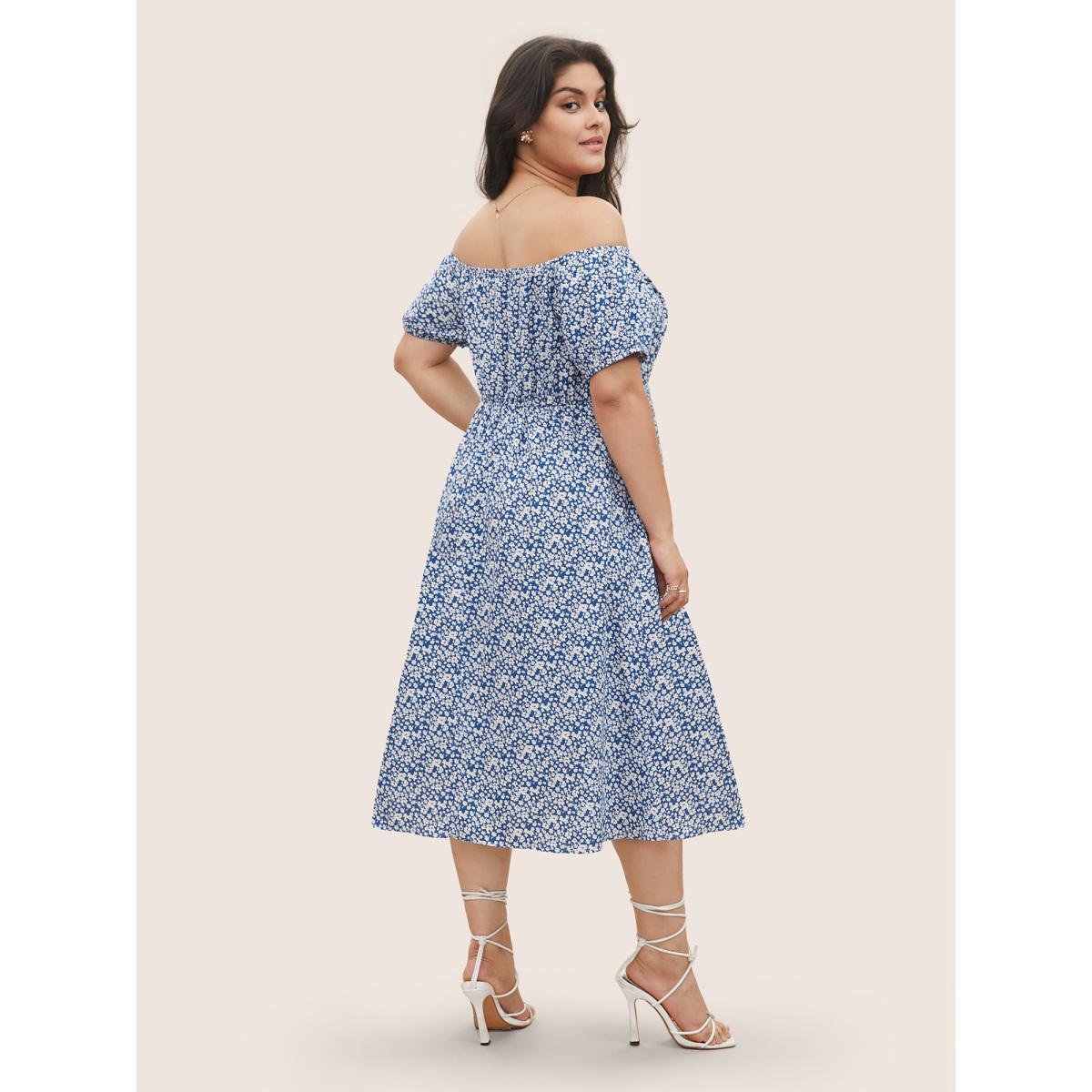 Plus Size Ditsy Floral One Shoulder Neck Cross Straps Dress Blue Women Elegant Non One-shoulder neck Short sleeve Curvy Midi Dress BloomChic 22-24/3X Product Image