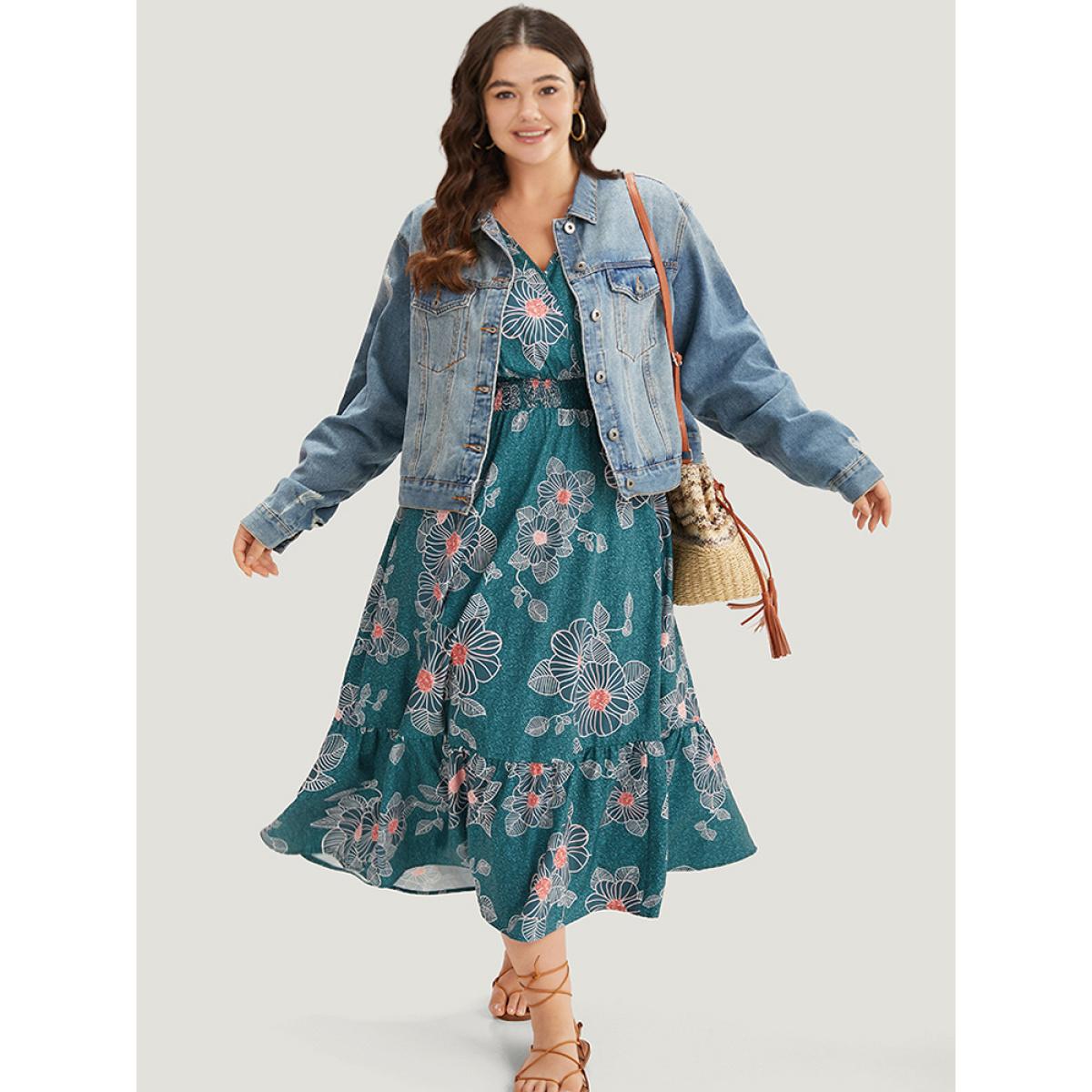 Plus Size Floral Print Shirred Overlap Collar Drawstring Dress Teal Women Vacation Printed V-neck Short sleeve Curvy Midi Dress BloomChic 28/5X Product Image