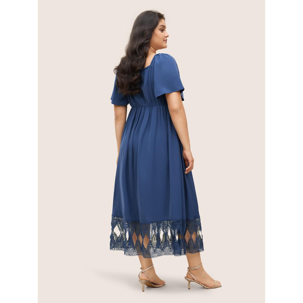 Plus Size Square Neck Shirred Lace Trim Slit Hem Dress DarkBlue Women Elegant Woven ribbon&lace trim Square Neck Short sleeve Curvy BloomChic 26/4X Product Image