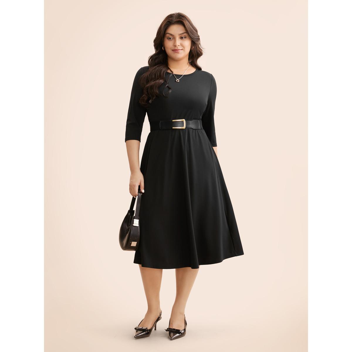 Plus Size Solid Round Neck Shirred Midi Dress Black Women At the Office Shirred Round Neck Elbow-length sleeve Curvy BloomChic 14-16/1X Product Image