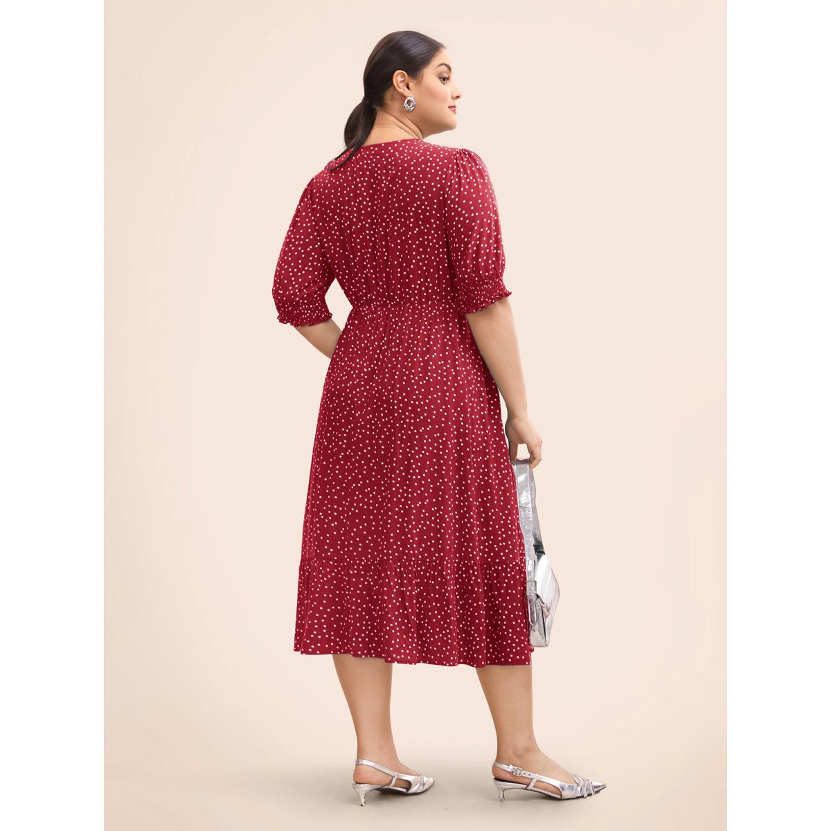 Plus Size Polka Dot Shirred Pocket Flutter Hem Dress DarkGreen Women Office Printed V-neck Half Sleeve Curvy Midi Dress BloomChic 14-16/1X Product Image