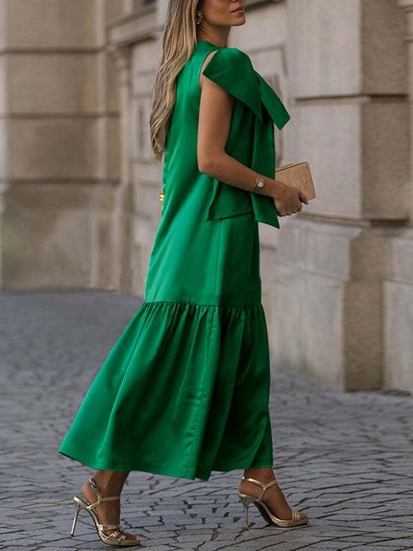 Sleeveless Bowknot Pleated Split-Joint Round-Neck Maxi Dresses Product Image