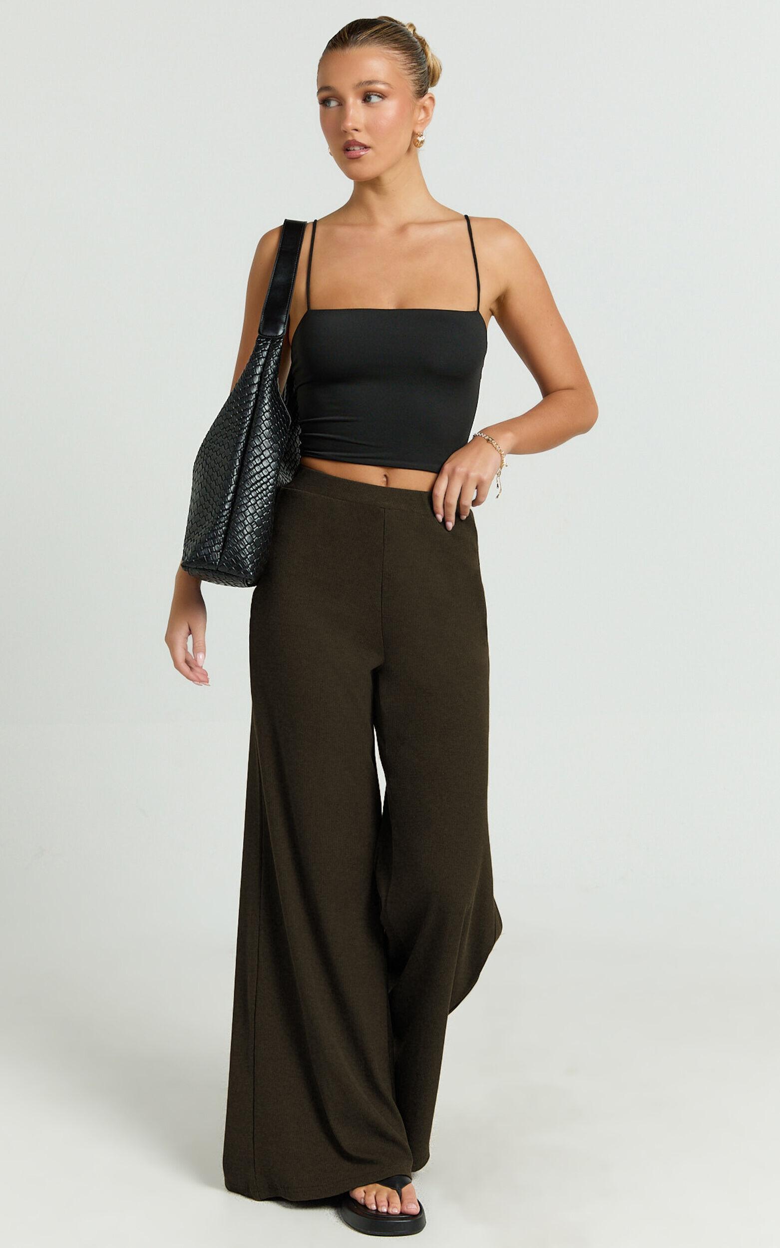 Amalthea Pants - High Waisted Jersey Rib Wide Leg Pants in Chocolate Product Image