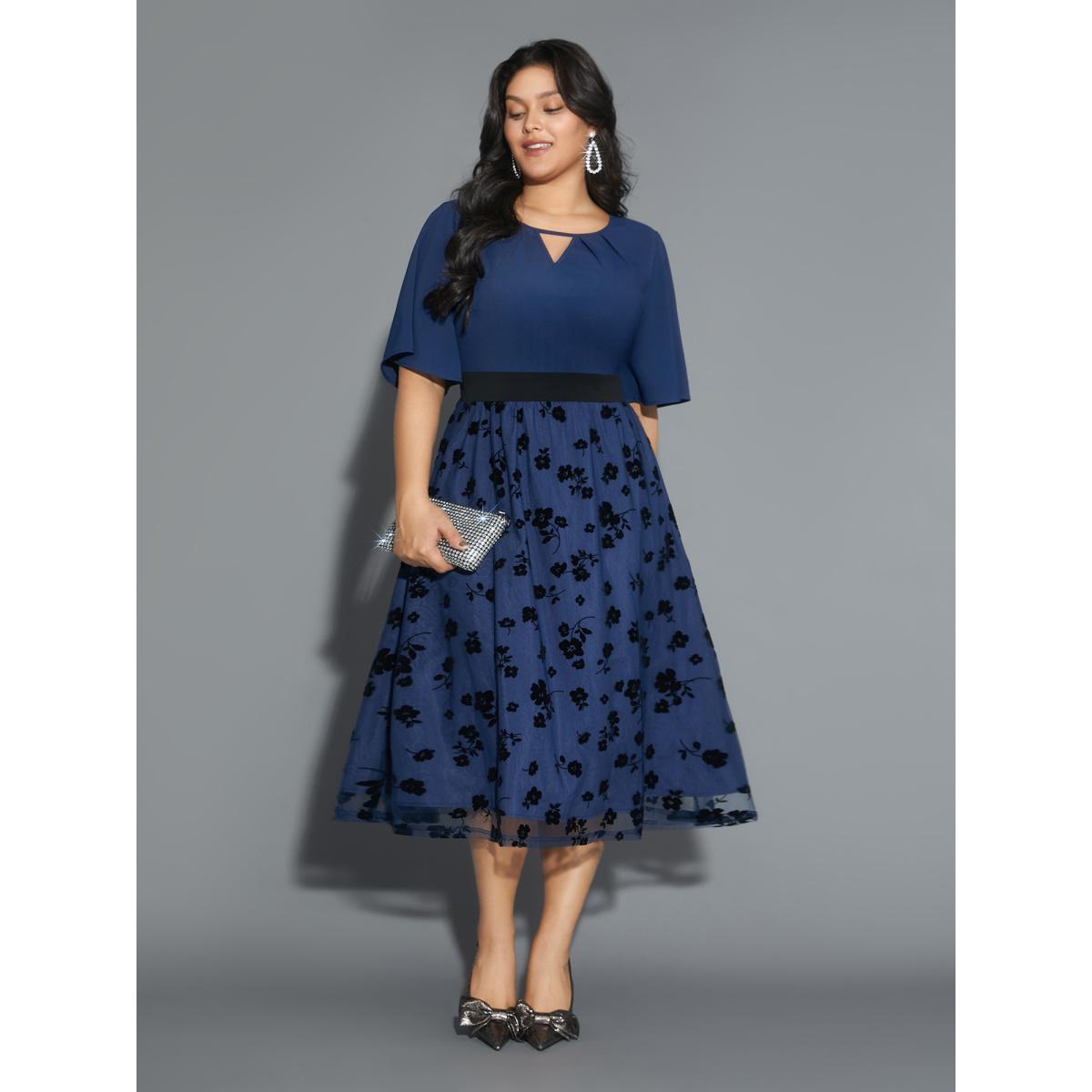 Plus Size Floral Embroidered Mesh keyhole Dress Aegean Women Formal Texture Round Neck Half Sleeve Curvy BloomChic 28/5X Product Image