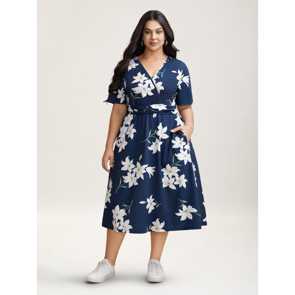 Plus Size Floral Surplice Neck Pleated Midi Dress Navy Women Casual Gathered Overlap Collar Short sleeve Curvy BloomChic 26/4X Product Image