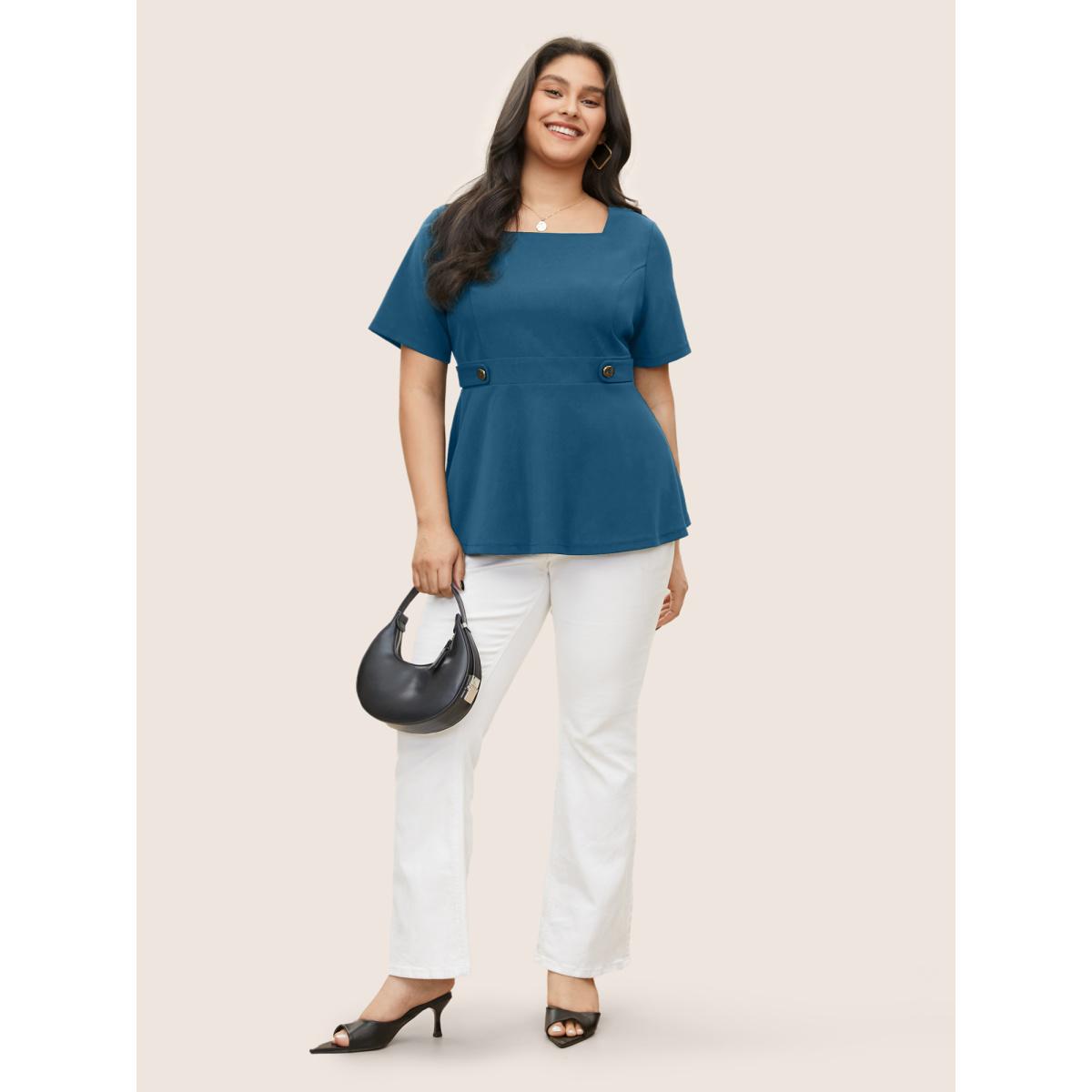 Plus Size Cerulean Square Neck Waist Tab Gathered Blouse Women Workwear Essentials Short sleeve Square Neck Work Blouses BloomChic 26/4X Product Image