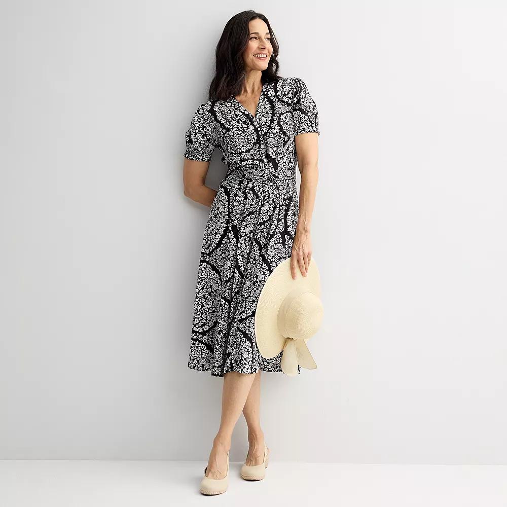 Women's Croft & Barrow® Button Front V-Neck Midi Dress, Size: XS, Black Floral Paisley Product Image
