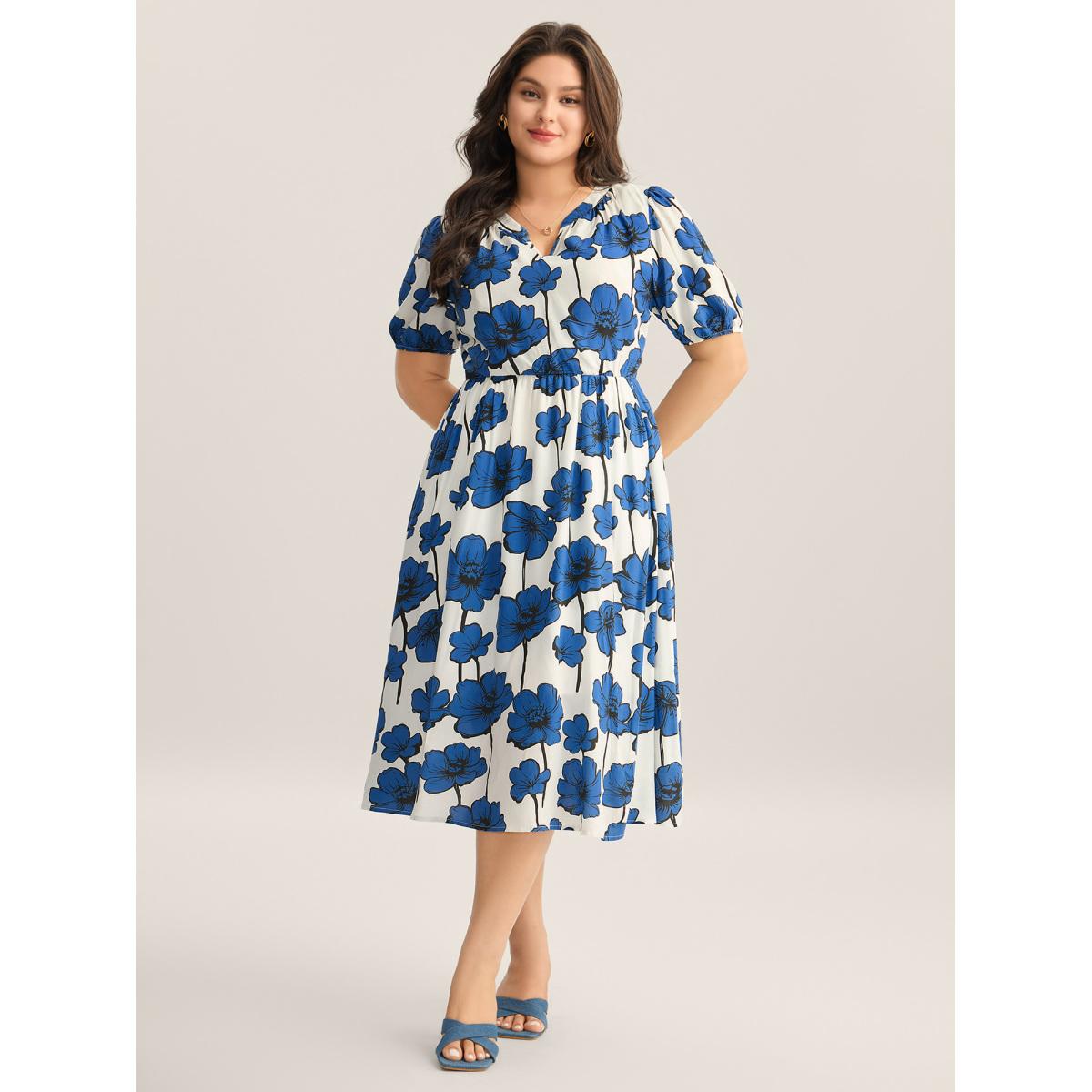 Plus Size Large Floral Print Notched Collar Midi Dress Mediumblue Women Timeless Notched collar Short sleeve Curvy BloomChic 30/6X Product Image