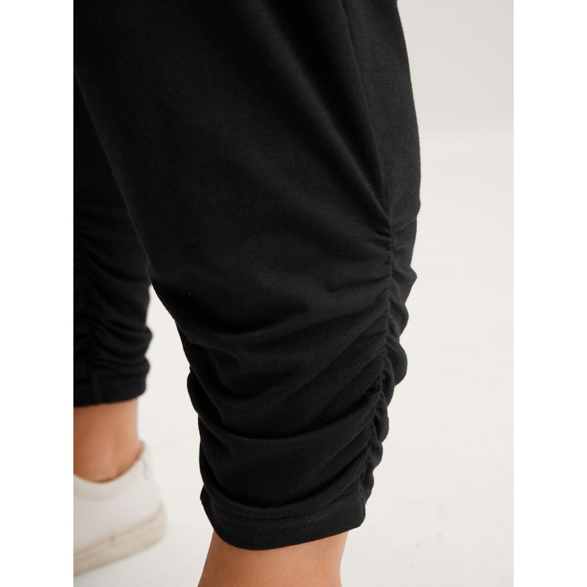 Plus Size Stretchy Straight-Leg Gathered Hem Pants Women Black Leisure Mid Rise Casual Pants BloomChic 30/6X Product Image