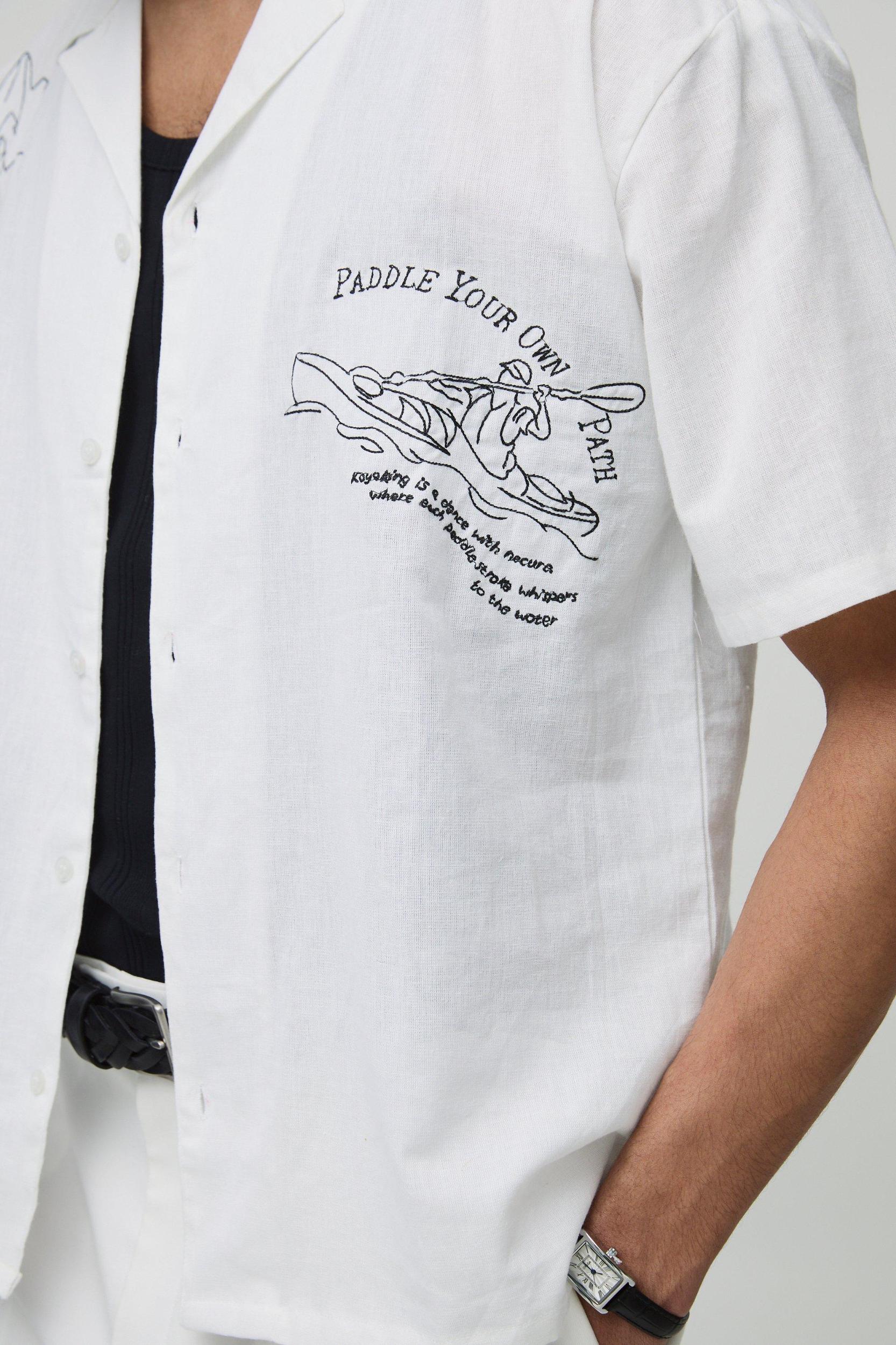 Oversized Linen Look Embroidered Shirt | boohooMAN USA Product Image