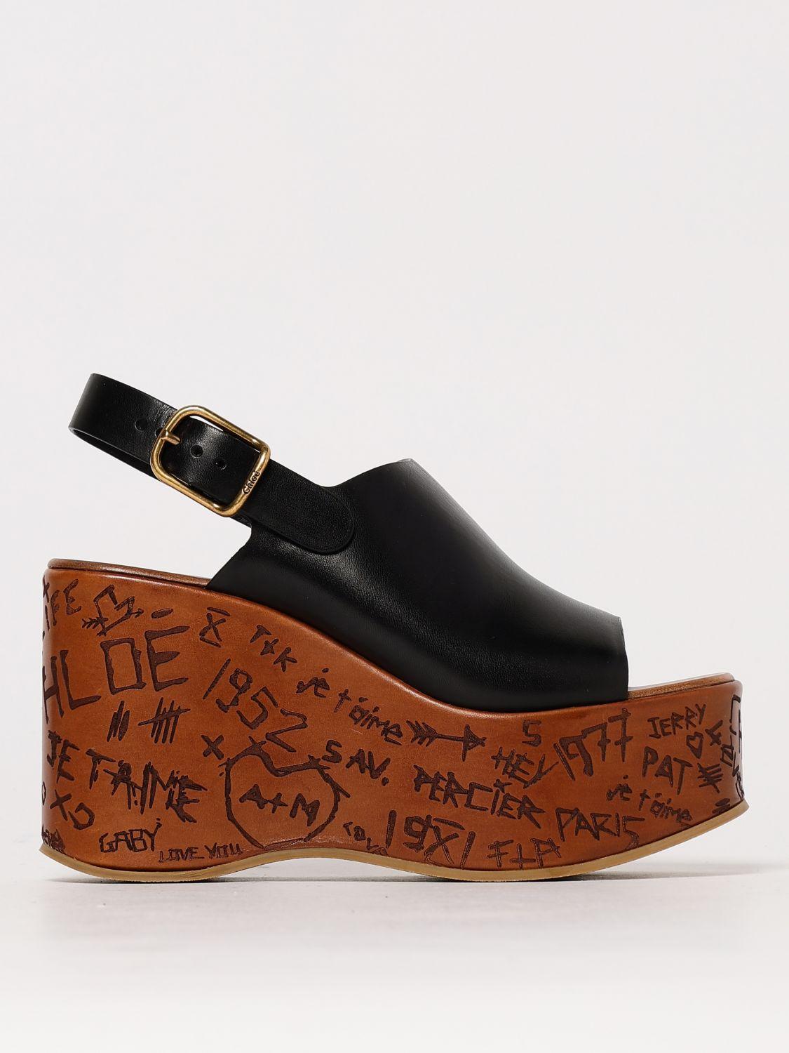 CHLOÉ Maxime Leather Slingback Platform Wedge Sandals In Black Product Image