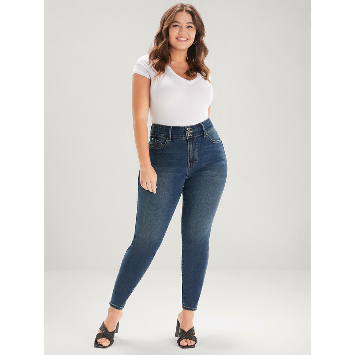 Plus Size Skinny Very Stretchy Mid Rise Dark Wash Sculpt Waist Jeans Women DarkBlue Casual Plain Tummy control High stretch Pocket Jeans BloomChic 24/3X Product Image