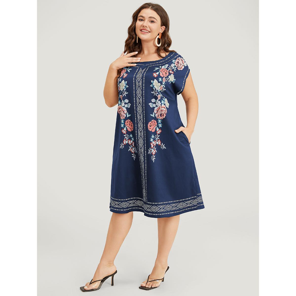 Plus Size Bandana Pocket Round Neck Batwing Sleeve Dress DarkBlue Women Vacation Printed Round Neck Cap Sleeve Curvy Knee Dress BloomChic 28/5X Product Image