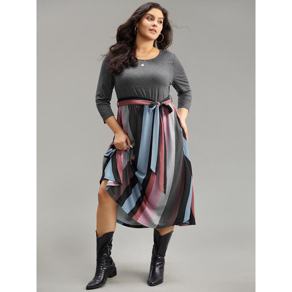 Plus Size Striped Contrast Patchwork Belted Dress DimGray Women Casual Belted Round Neck Elbow-length sleeve Curvy Midi Dress BloomChic 26/4X Product Image