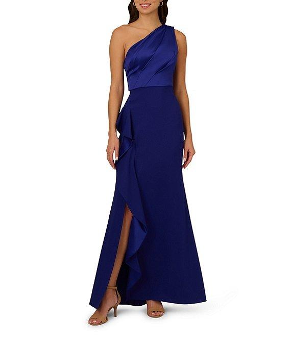 Adrianna Papell One Shoulder Sleeveless Cascading Ruffle Draped Mermaid Gown Product Image