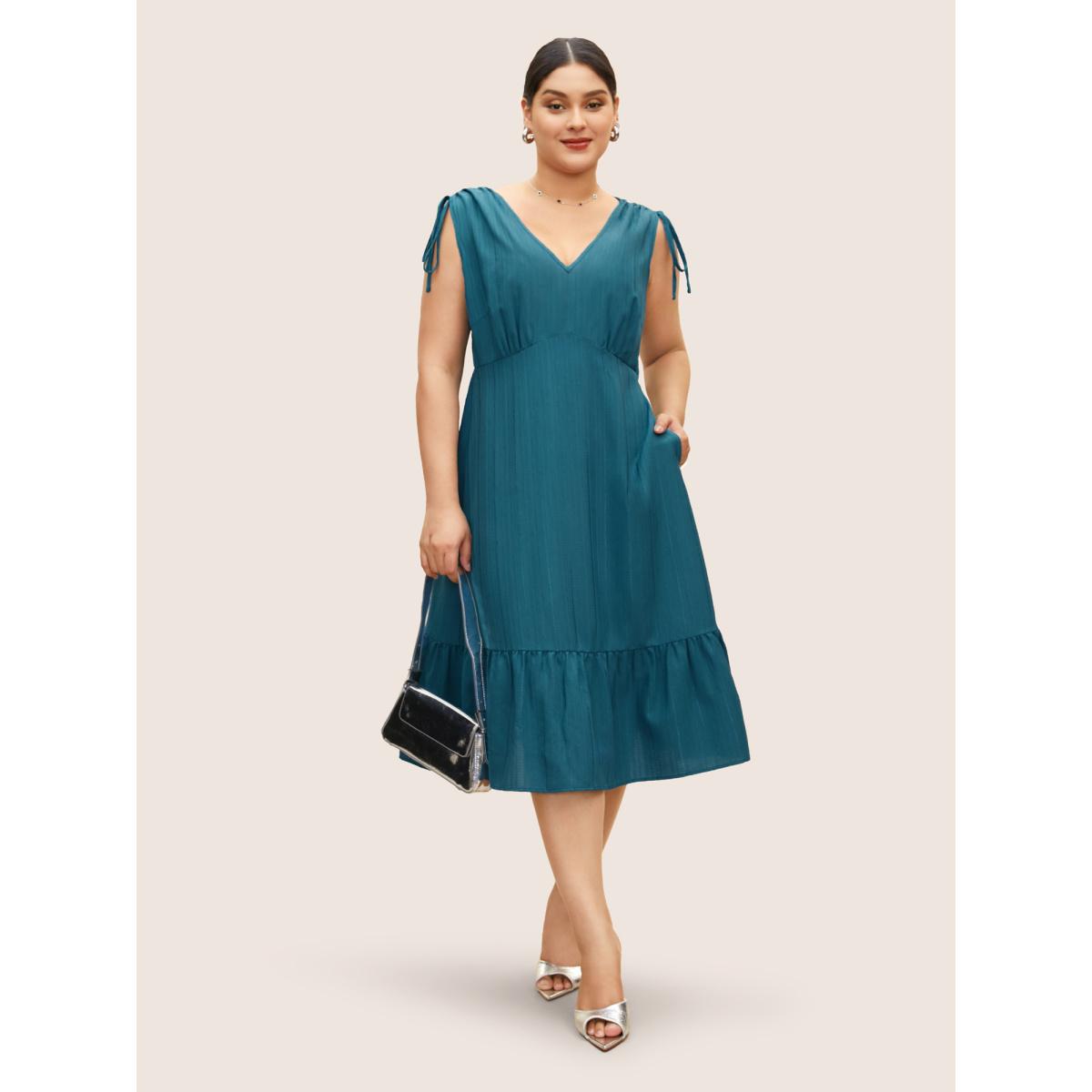 Plus Size Plain Textured Drawstring Ruffle Hem Dress Cerulean Women At the Office Texture V-neck Sleeveless Curvy BloomChic 22-24/3X Product Image