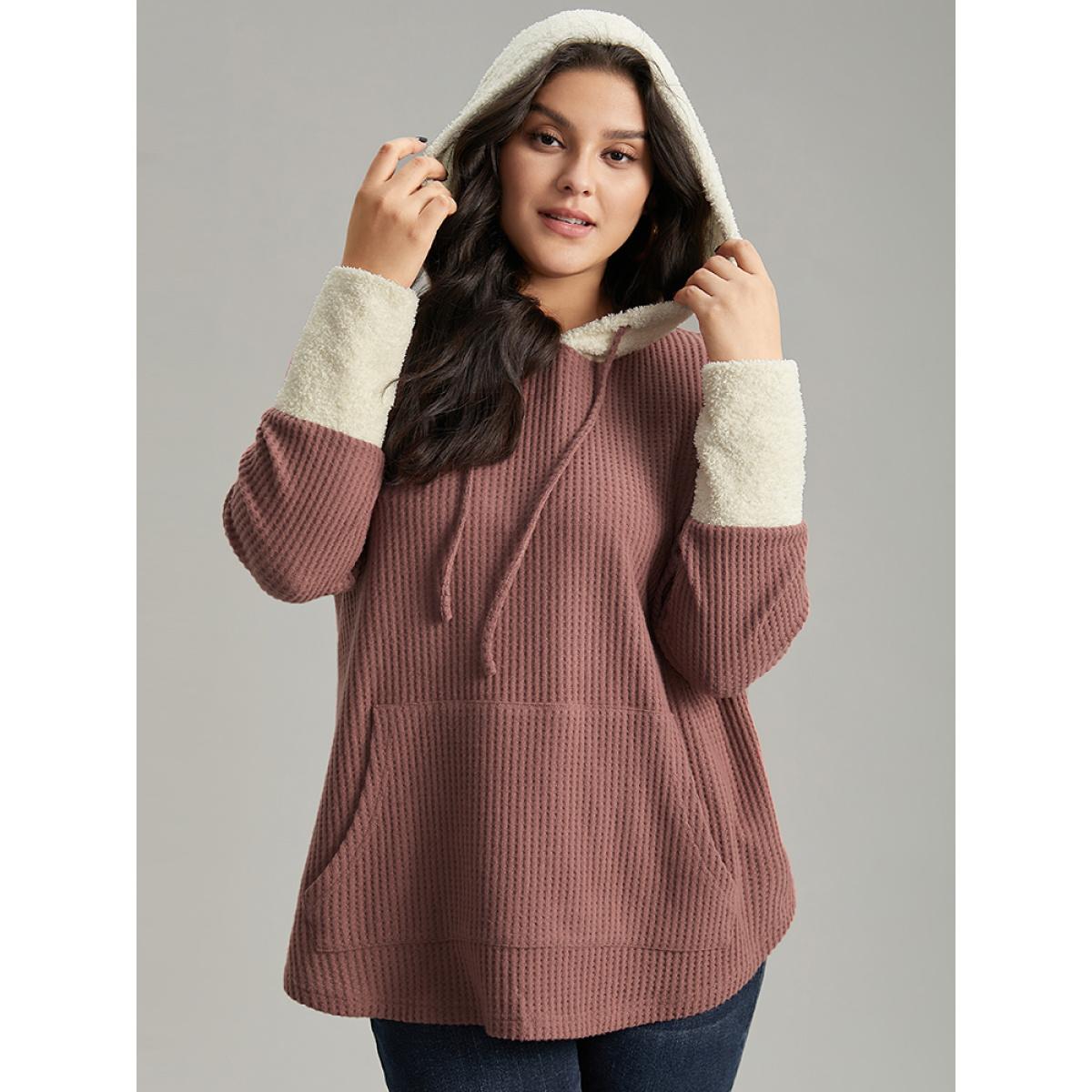 Plus Size Waffle Knit Pocket Hooded Patchwork Sweatshirt Women DustyPink Casual Waffle Knit Hooded Everyday Sweatshirts BloomChic 14-16/1X Product Image