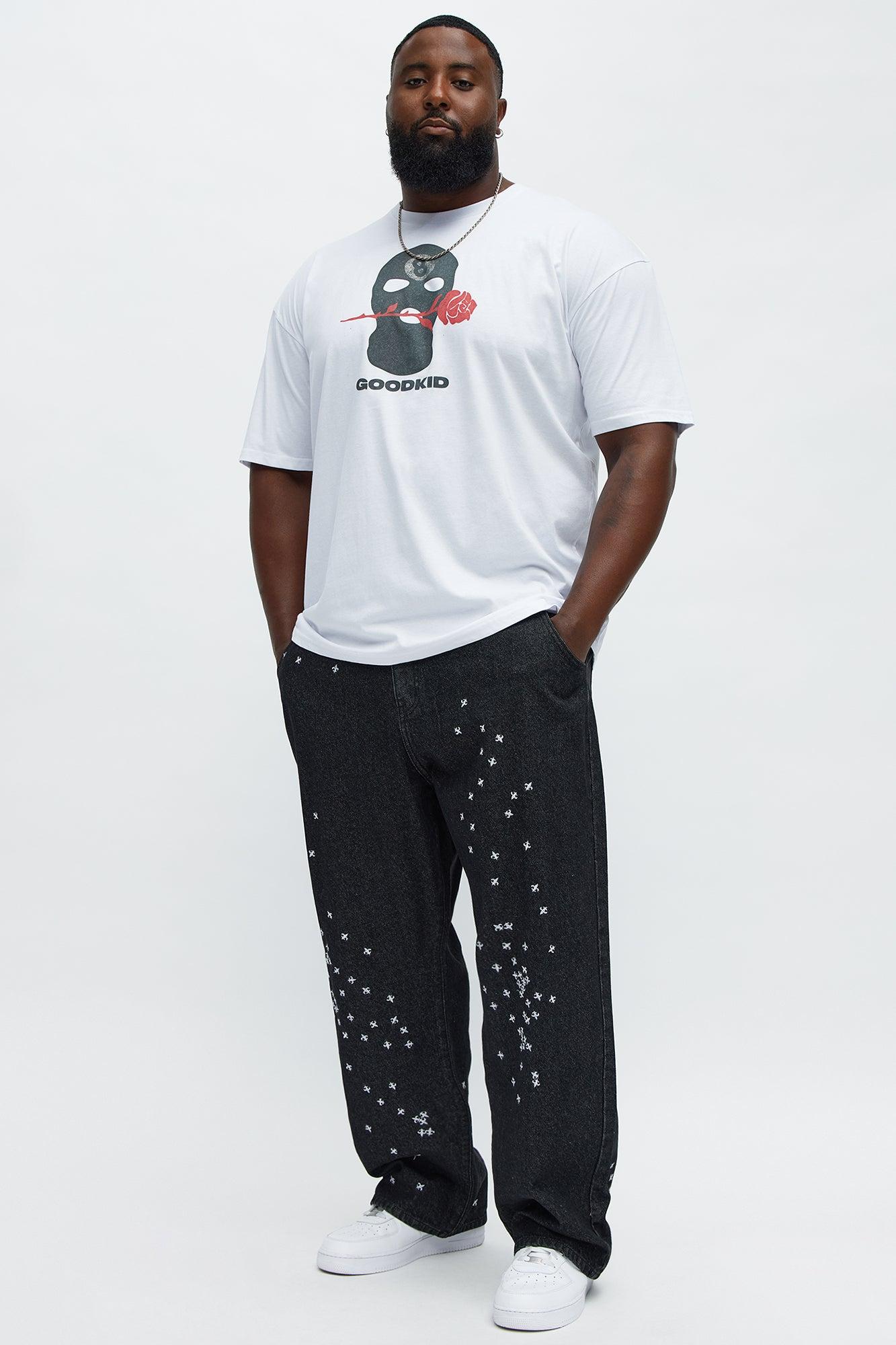 Baggy Embroidered Crosses Jeans - Black Male Product Image