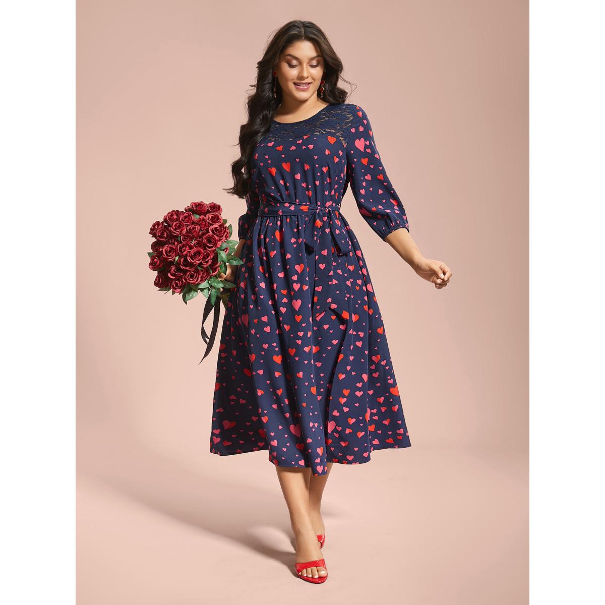 Plus Size Lace Insert Heart Print Waist-Tie Dress DarkBlue Women Elegant Woven ribbon&lace trim Round Neck Elbow-length sleeve Curvy BloomChic 10/M Product Image