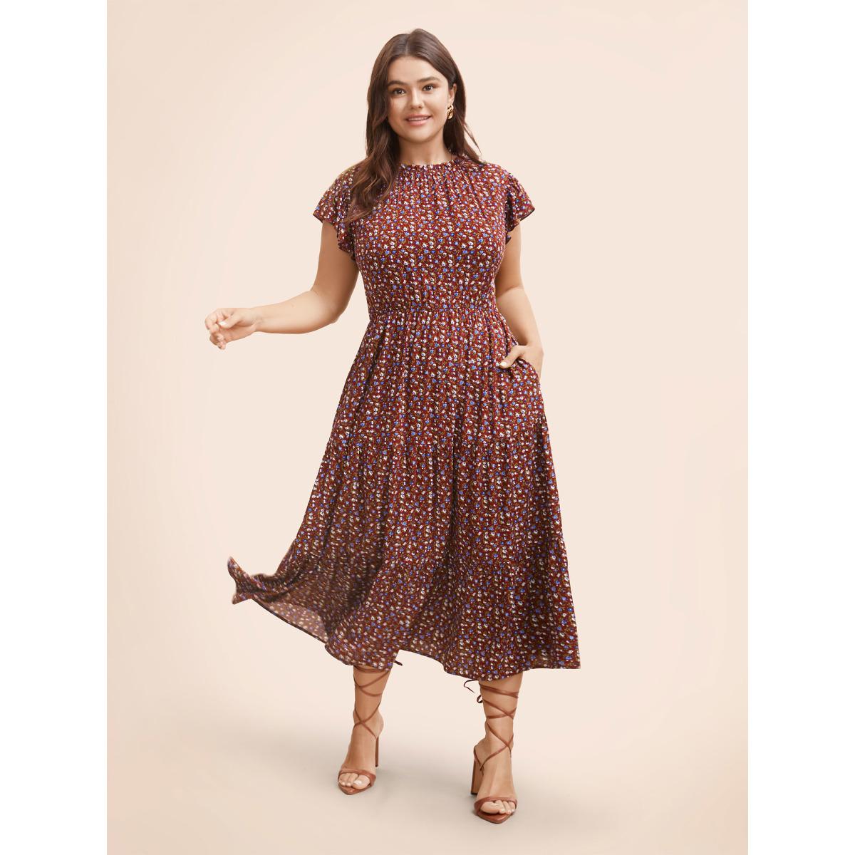 Plus Size Ditsy Floral Ruffle Cap Sleeve Dress Burgundy Women Elegant Frill Trim Mock Neck Cap Sleeve Curvy BloomChic 28/5X Product Image