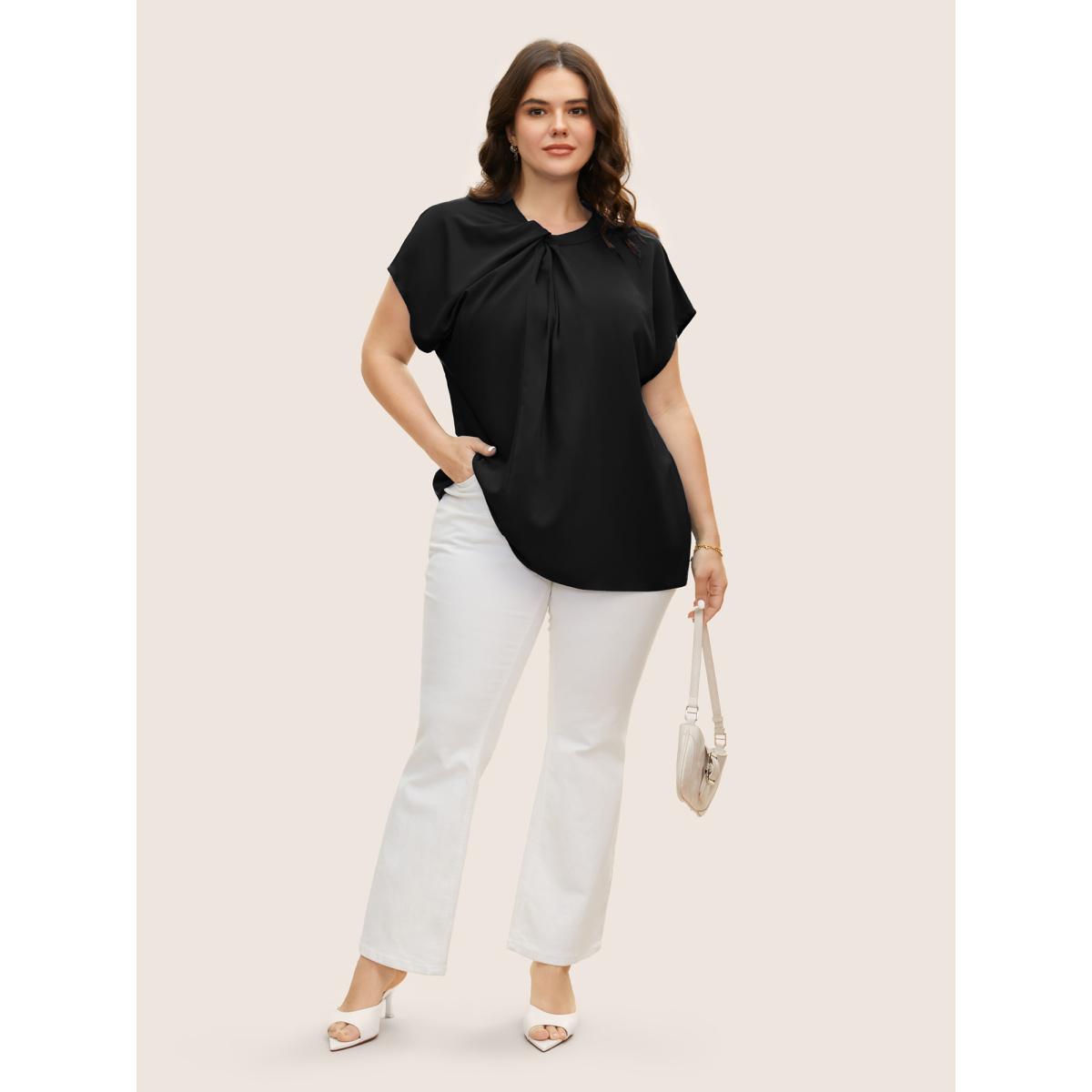 Plus Size Mediumblue Twist Front Pleated Dolman Sleeve Blouse Women At the Office Short sleeve Mock Neck Work Blouses BloomChic 26/4X Product Image
