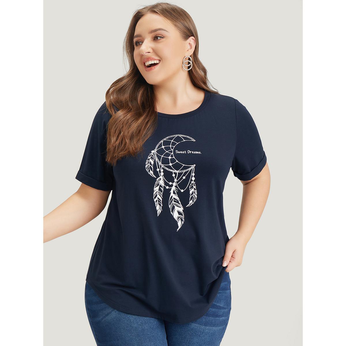 Plus Size Dream Catcher Print Arc Hem Cuffed Sleeve T-shirt Midnight Women Casual Arc Hem Art&design Dailywear T-shirts BloomChic 14-16/1X Product Image