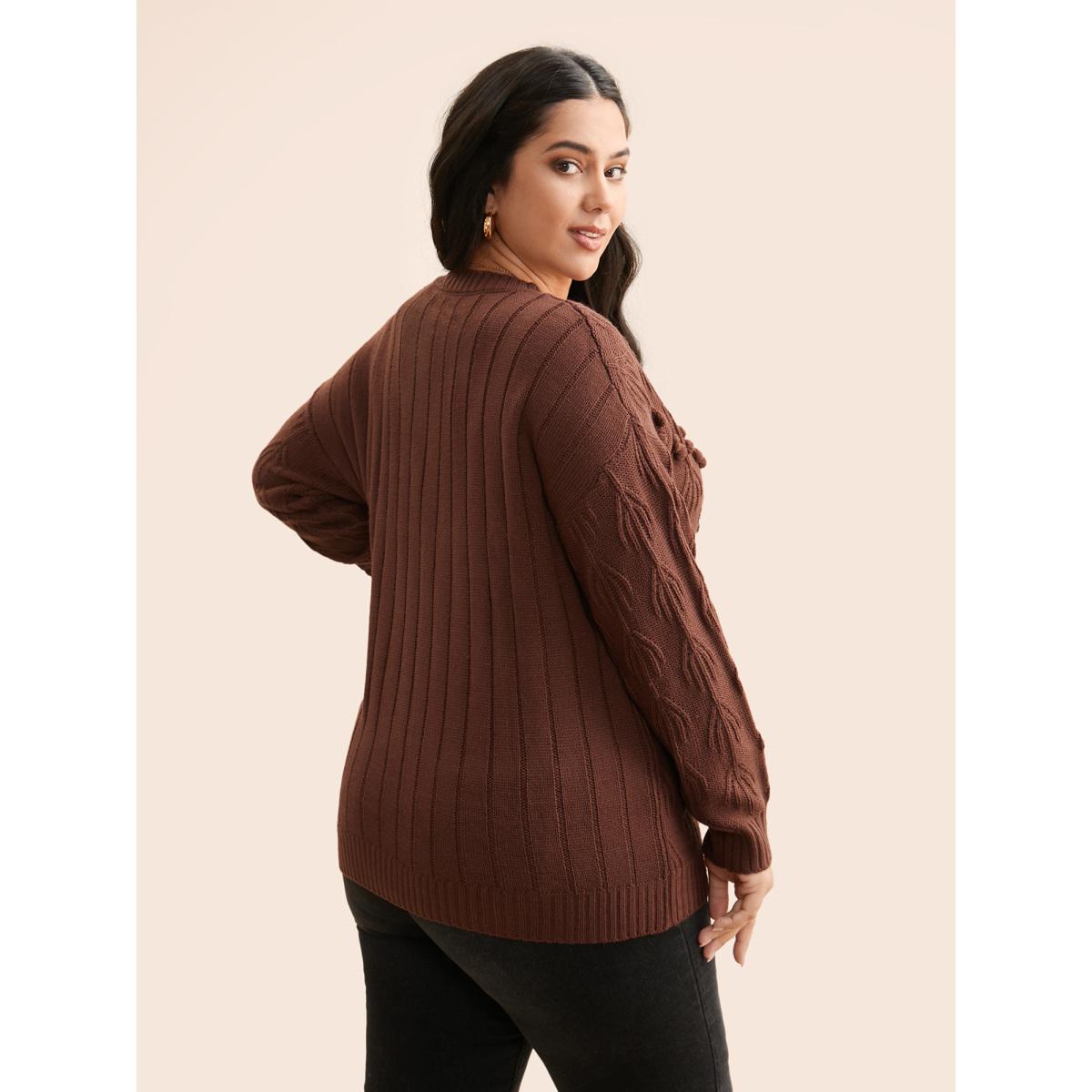Plus Size Crochet Floral Drop Shoulder Sleeve Pullover DarkBrown Women Casual Long Sleeve Round Neck Everyday Pullovers BloomChic 10/M Product Image