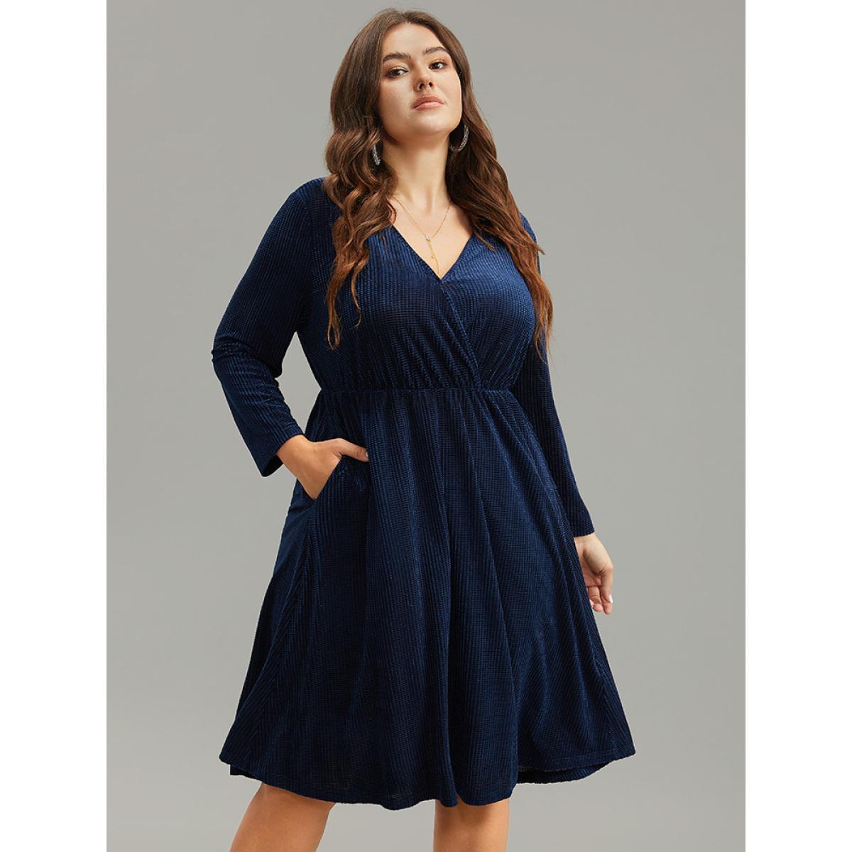 Plus Size Plain Textured Velvet Ruffle Hem Dress Indigo Women Glamour Texture Overlap Collar Long Sleeve Curvy Midi Dress BloomChic 30/6X Product Image