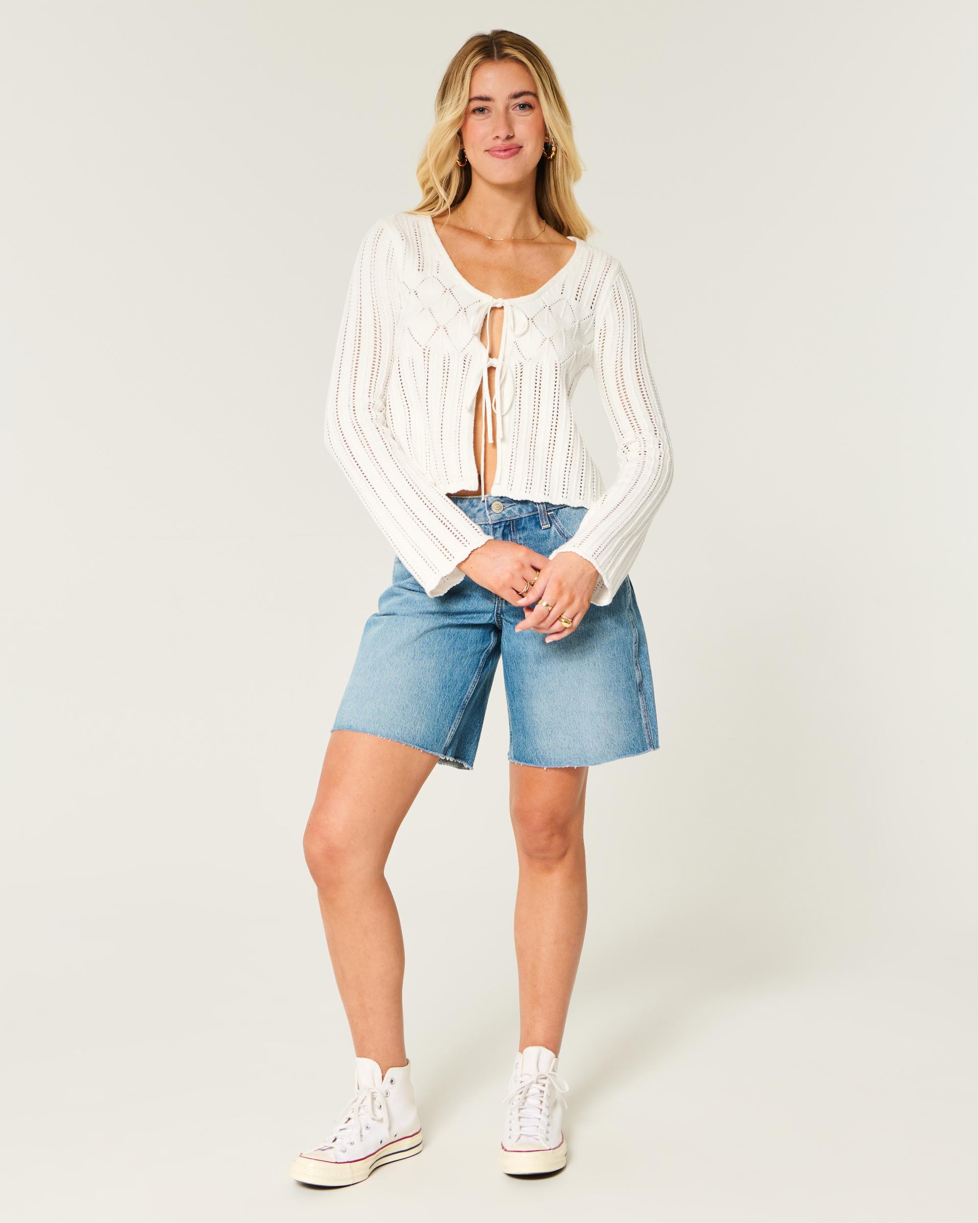 Crochet-Style Tie-Front Textured Sweater Product Image