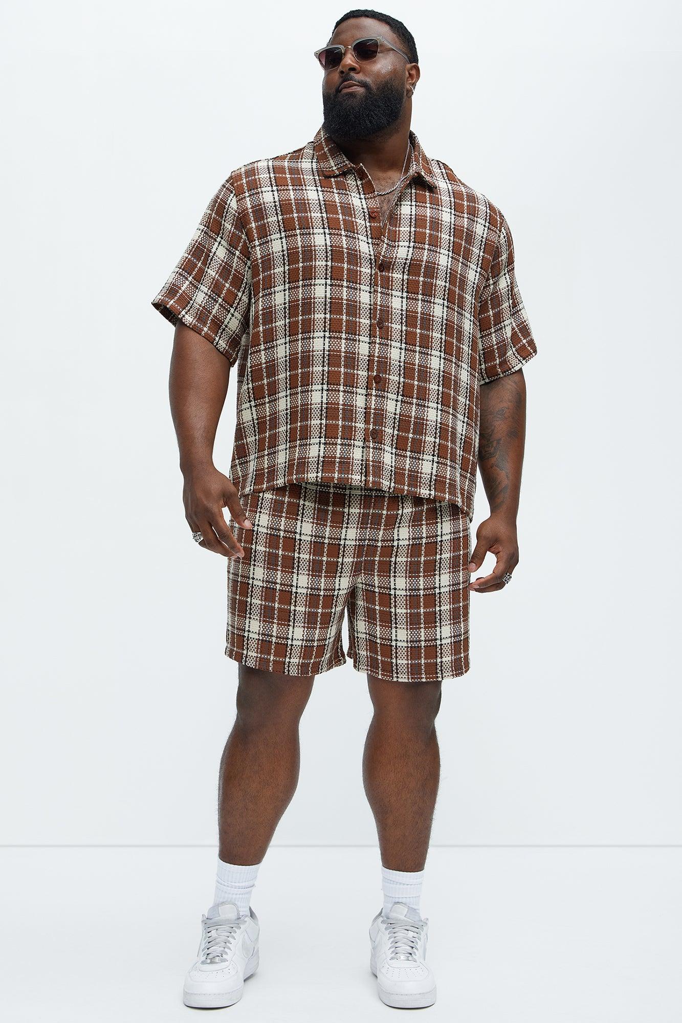 Plaid Basket Weave Volley Shorts - Brown/combo Product Image