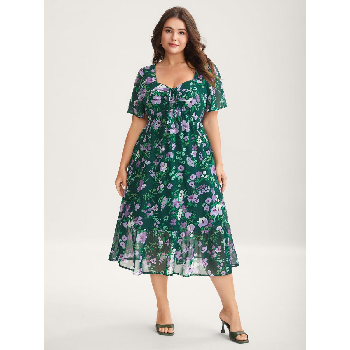 Plus Size Floral Chiffon Ruched Drawstring Midi Dress DarkGreen Women Romantic Heart neckline Short sleeve Curvy BloomChic 14-16/1X Product Image