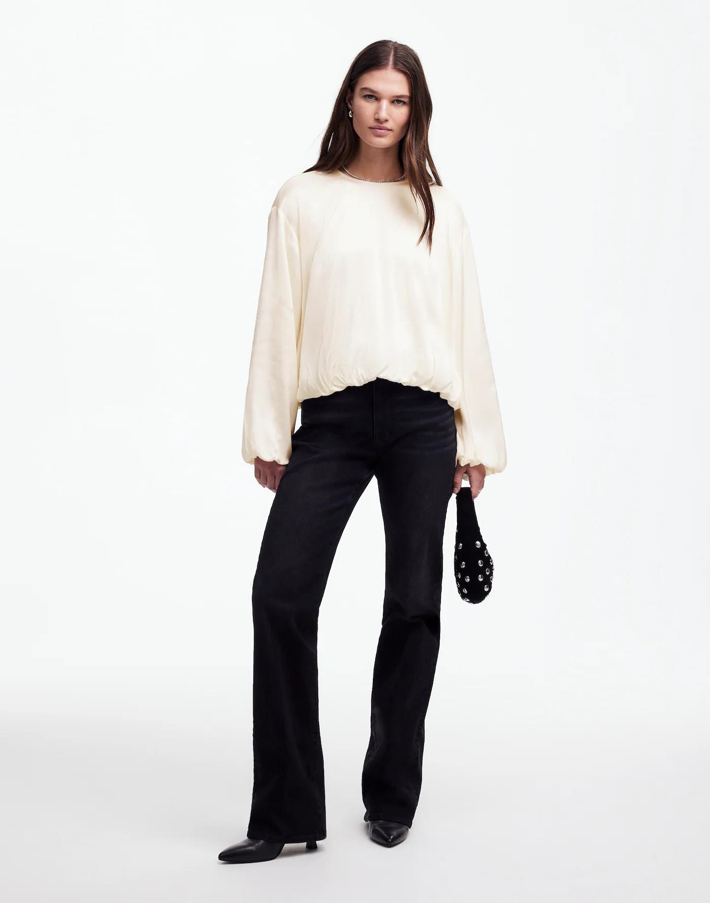 Long-Sleeve Bubble-Hem Top in Satin Product Image