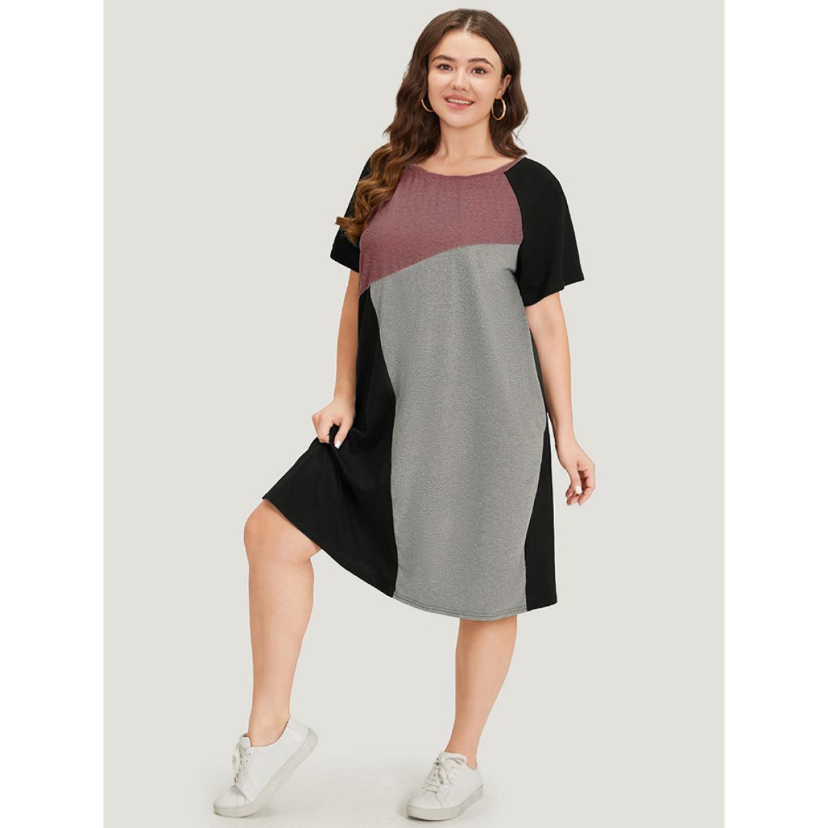 Plus Size Supersoft Essentials Colorblock Contrast Round Neck Raglan Sleeve Dress Russet Women Casual Patchwork Round Neck Short sleeve Curvy Midi Dress BloomChic 22-24/3X Product Image