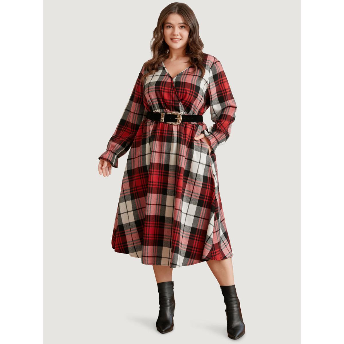 Plus Size Plaid Shirred Pocket Lantern Sleeve Wrap Midi Dress Without Belt Scarlet Women Elegant Wrap Overlap Collar Long Sleeve Curvy Midi Dress BloomChic 26/4X Product Image